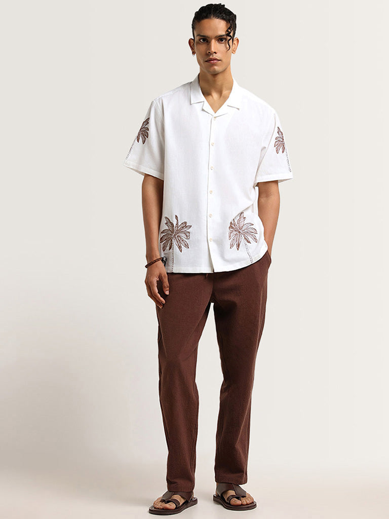 ETA White Embroidered Cotton Relaxed Fit Shirt