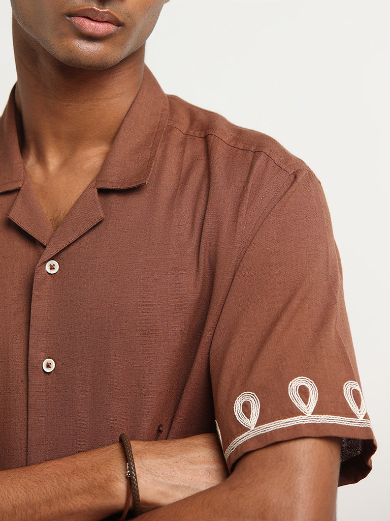 ETA Dark Rust Embroidered Cotton Relaxed Fit Shirt