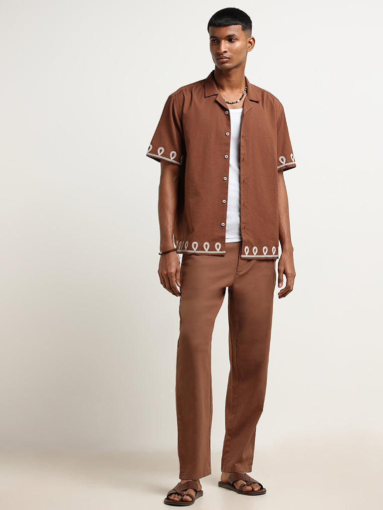 ETA Dark Rust Embroidered Cotton Relaxed Fit Shirt