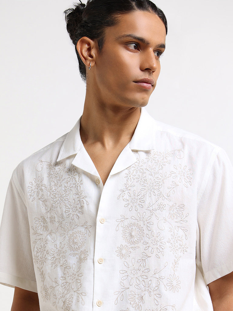 ETA White Embroidered Cotton Relaxed Fit Shirt