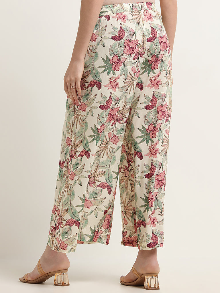 Zuba Off-White Mid Rise Floral Palazzos