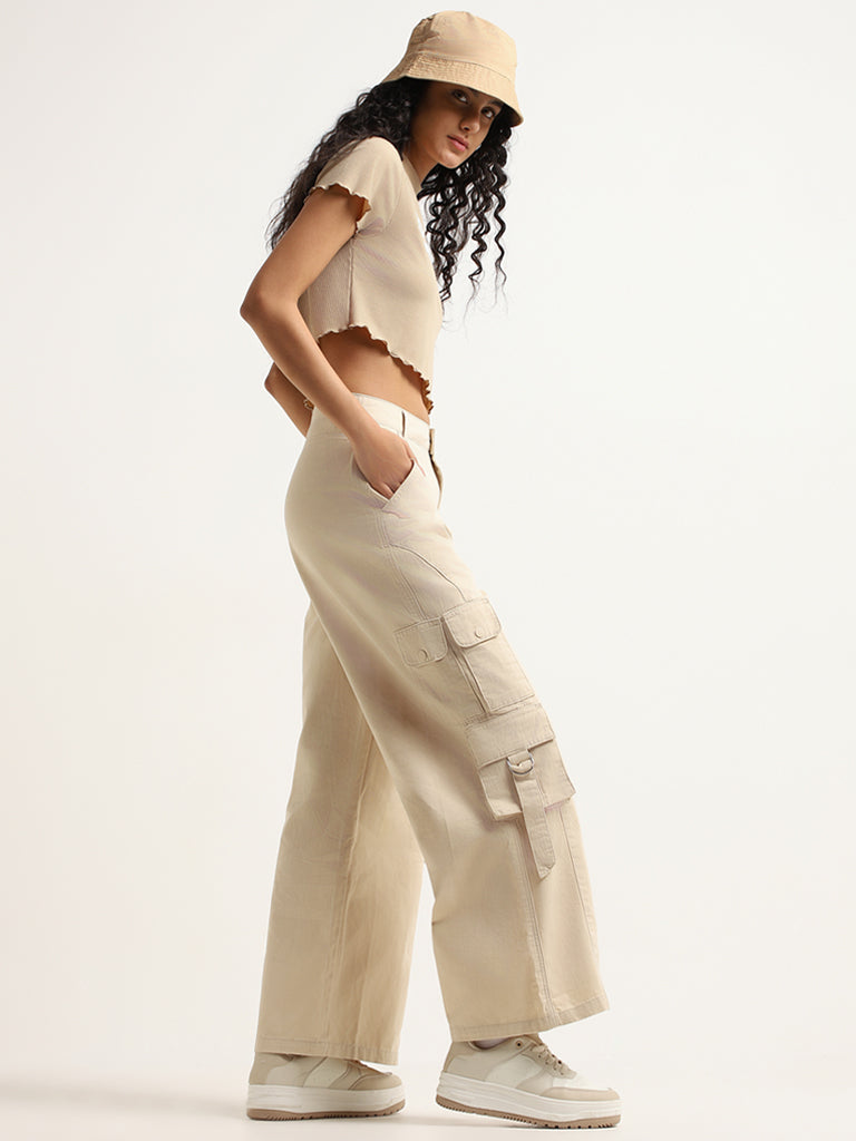 Nuon Beige Cargo High Rise Wide Leg Fit Jeans