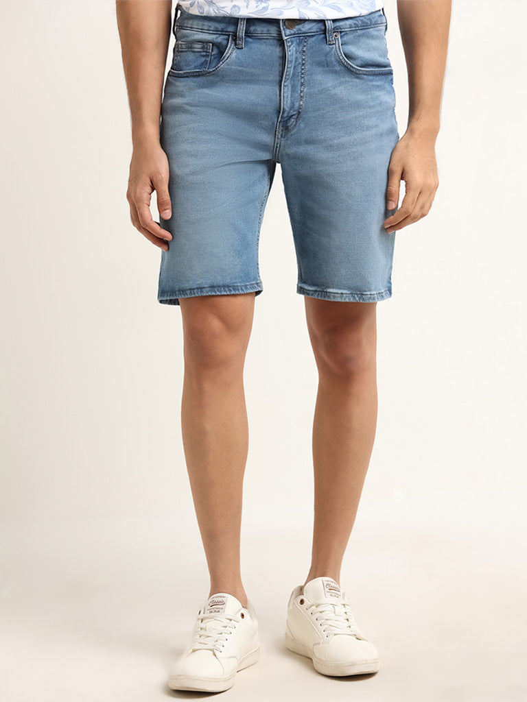 WES Casuals Light Blue Relaxed Fit Cotton Blend Mid Rise Shorts