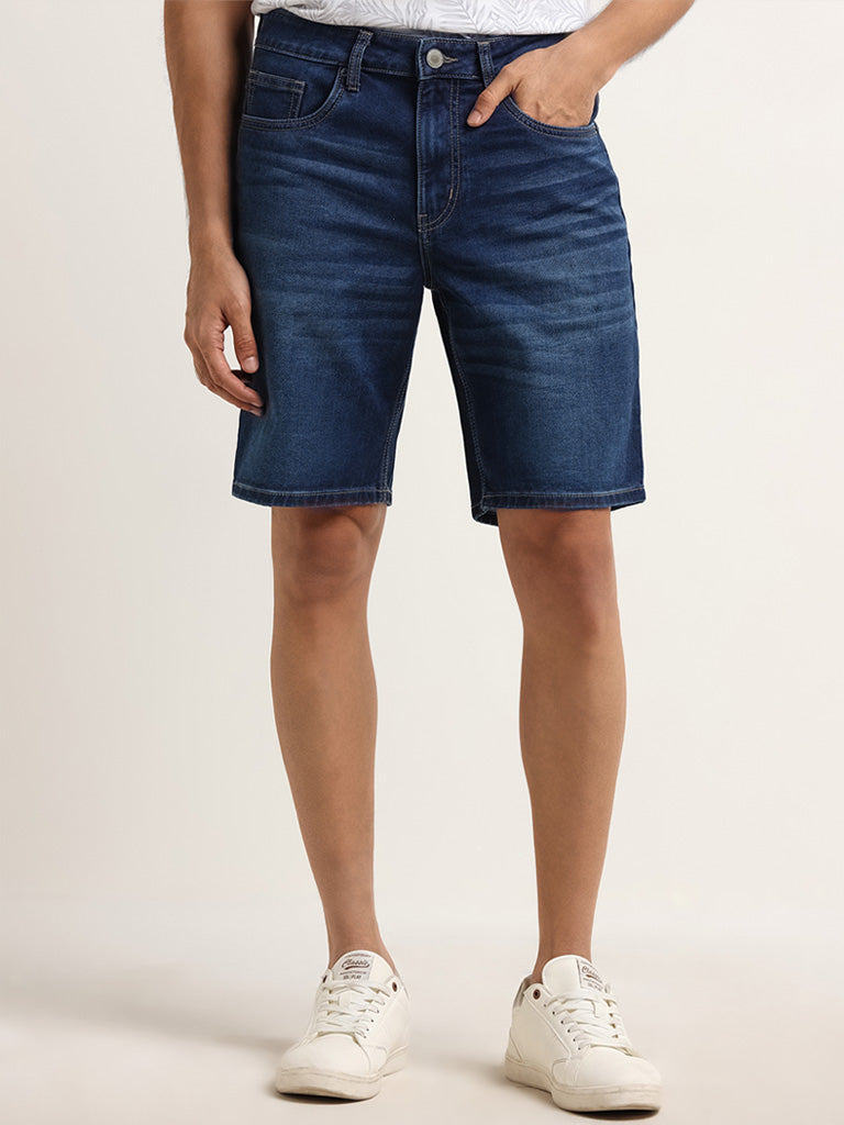 WES Casuals Dark Blue Relaxed Fit Cotton Blend Mid Rise Shorts