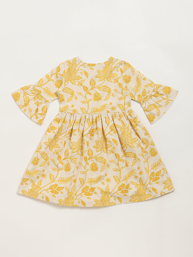 Utsa Kids Mustard Floral Print Button-Down Dress (2 - 8yrs)