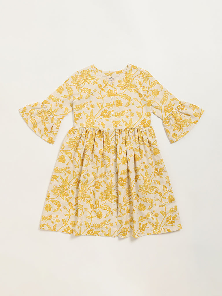 Utsa Kids Mustard Floral Print Button-Down Dress (8 -14yrs)