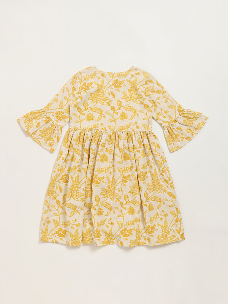 Utsa Kids Mustard Floral Print Button-Down Dress (8 -14yrs)