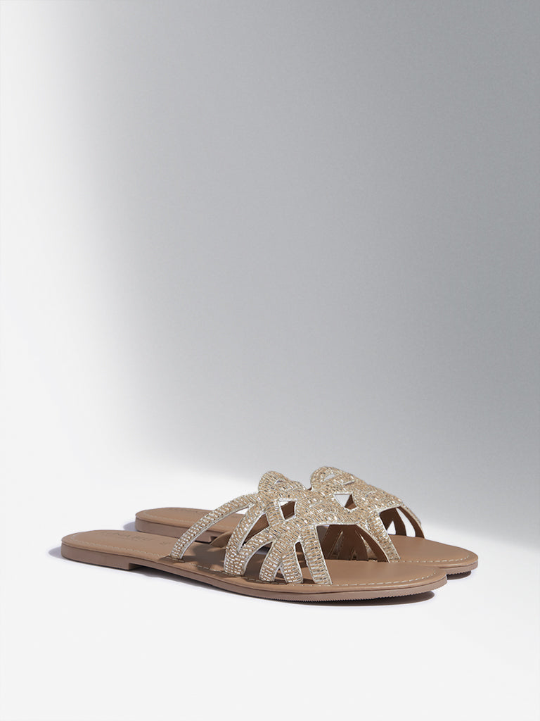 LUNA BLU Light Gold Embellished Slides