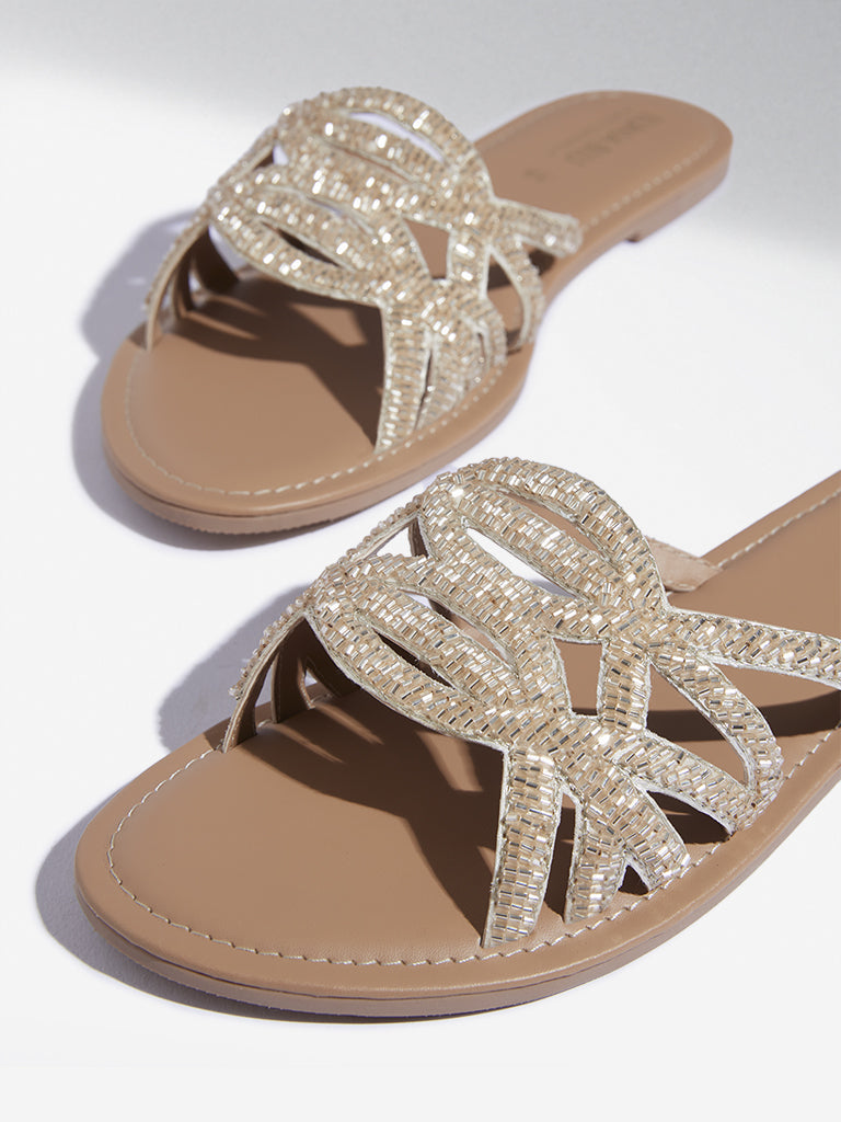 LUNA BLU Light Gold Embellished Slides