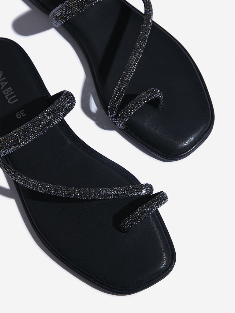 LUNA BLU Black Diamante Embellished Sandals