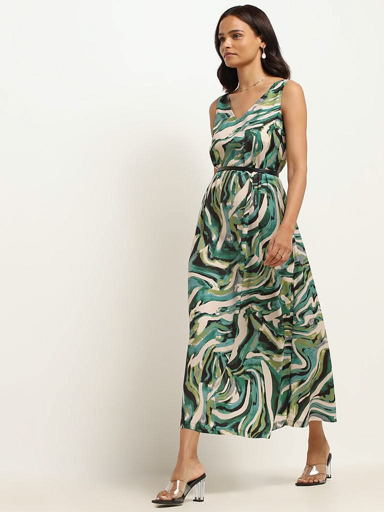 Wardrobe Green Abstract Print Midi Dress