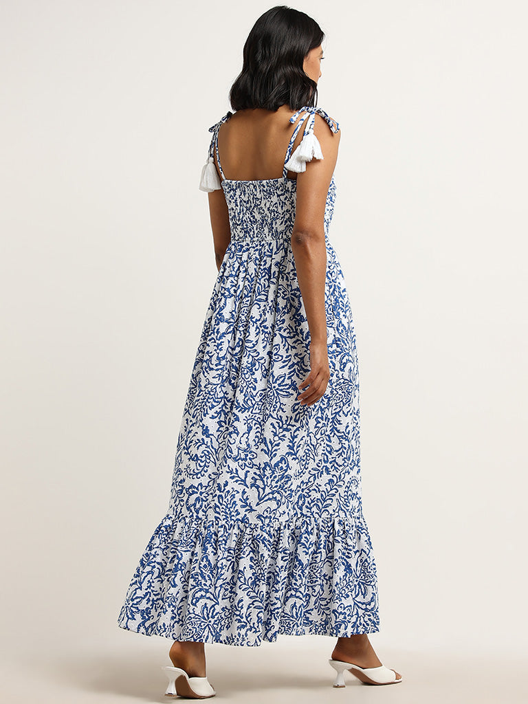 LOV Blue Schiffli Floral Printed Cotton Tiered Dress