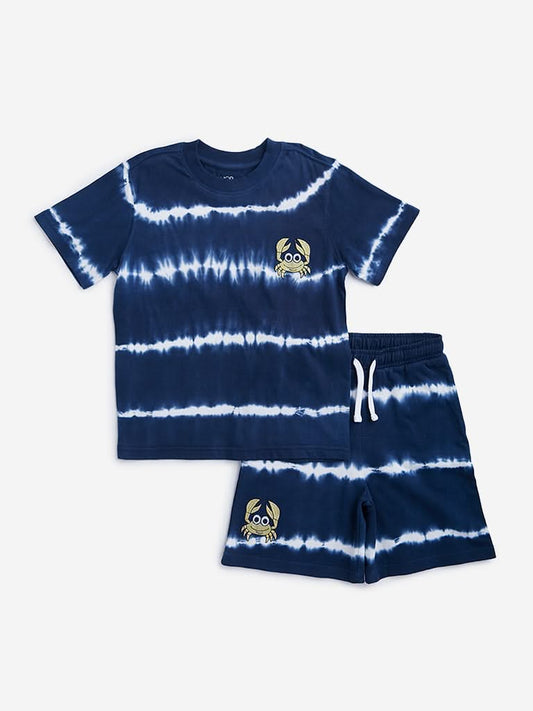 HOP Kids Indigo Tie-Dye Design T-Shirt & Mid Rise Shorts Set