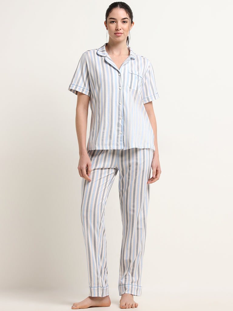 Wunderlove Blue Striped Cotton Shirt and Pyjama Set