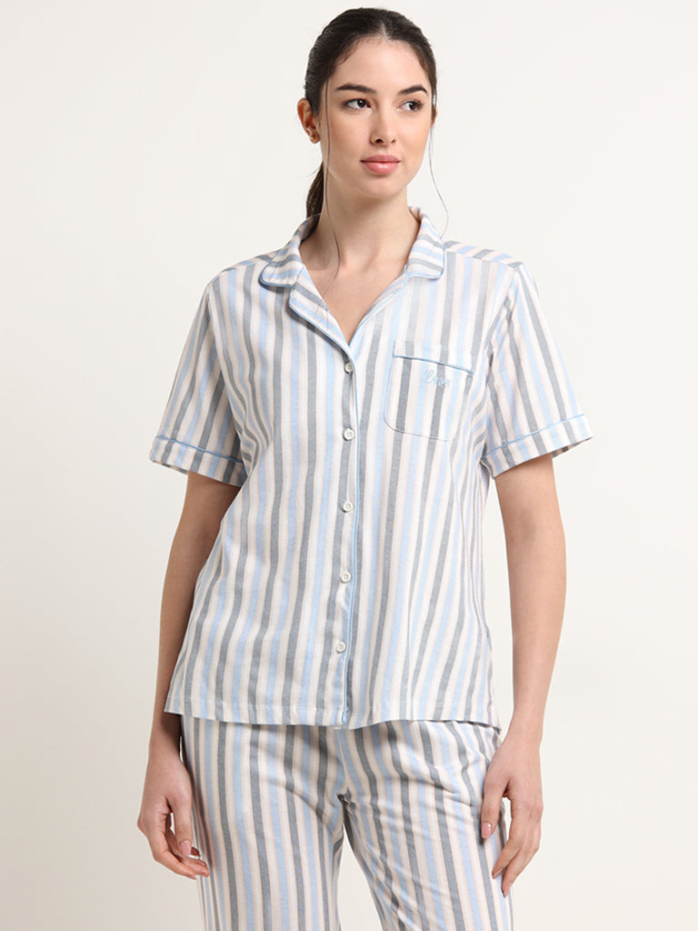 Wunderlove Blue Striped Cotton Shirt and Pyjama Set