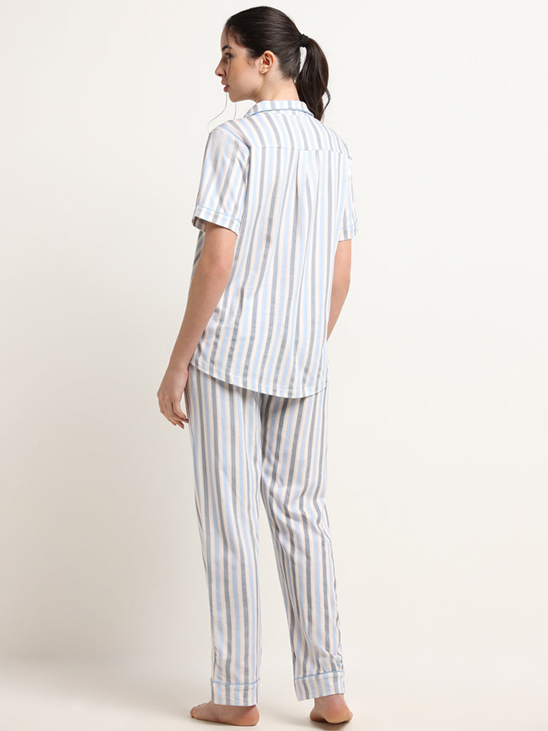 Wunderlove Blue Striped Cotton Shirt and Pyjama Set