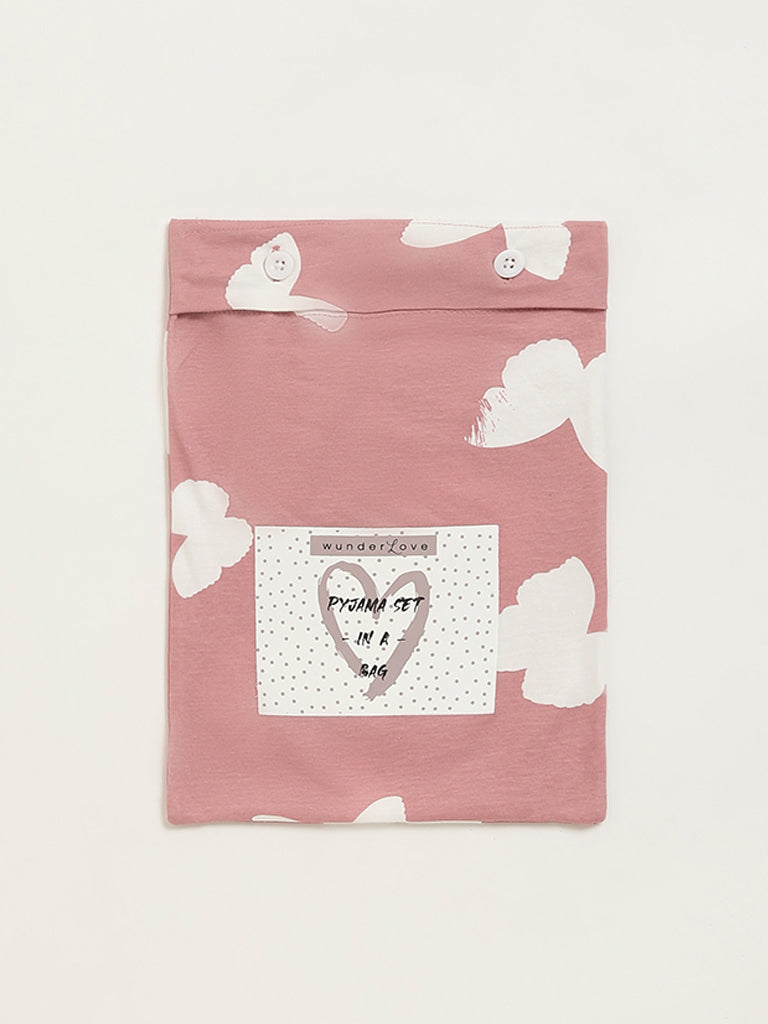 Wunderlove Blush Pink Butterfly Design Pyjamas Set In A Bag