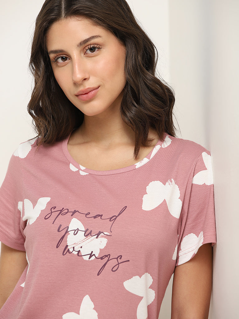 Wunderlove Blush Pink Butterfly Design Pyjamas Set In A Bag