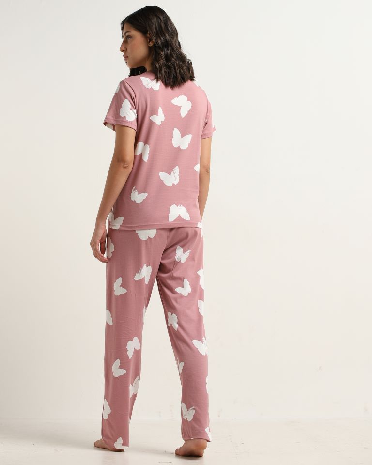 Wunderlove Blush Pink Butterfly Design Pyjamas Set In A Bag