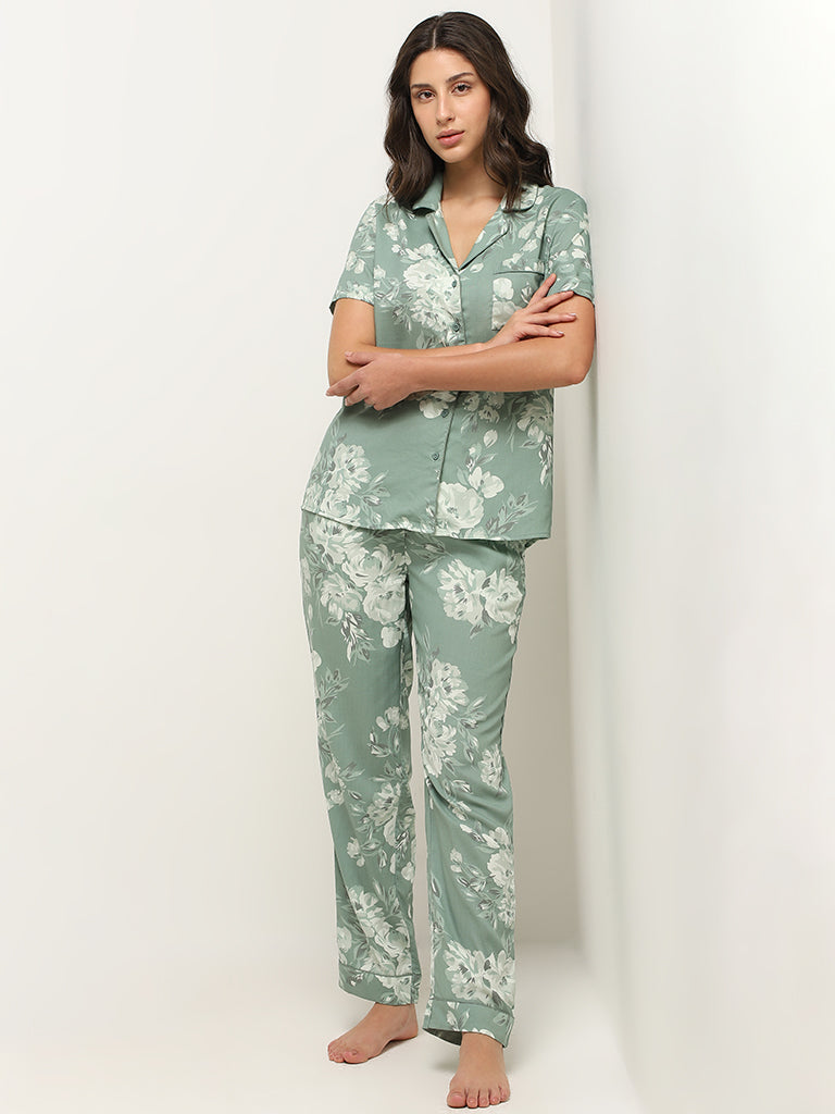 Wunderlove Sage Printed Shirt and Pyjamas Set