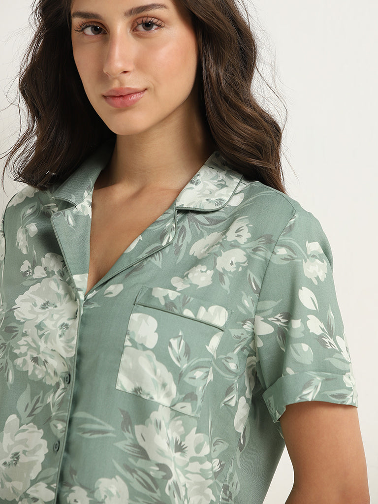 Wunderlove Sage Printed Shirt and Pyjamas Set