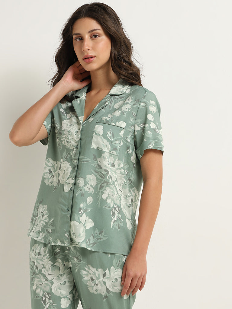 Wunderlove Sage Printed Shirt and Pyjamas Set