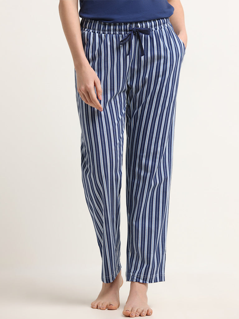 Wunderlove Navy Mid-Rise Striped Cotton Pyjamas