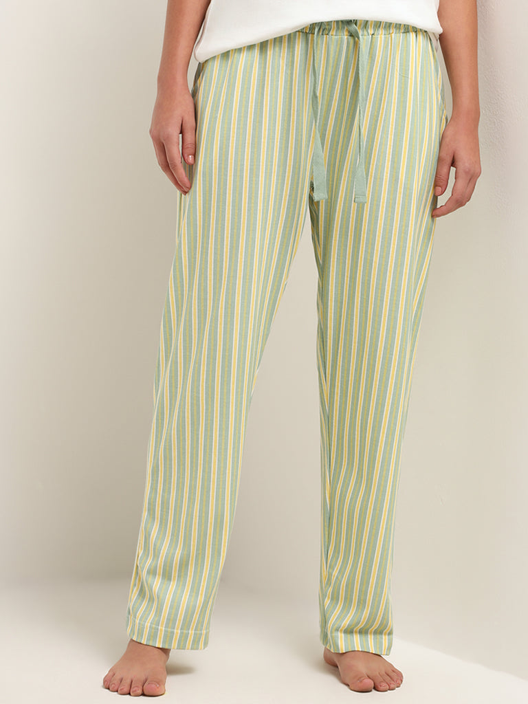 Wunderlove Green Mid-Rise Striped Cotton Pyjamas