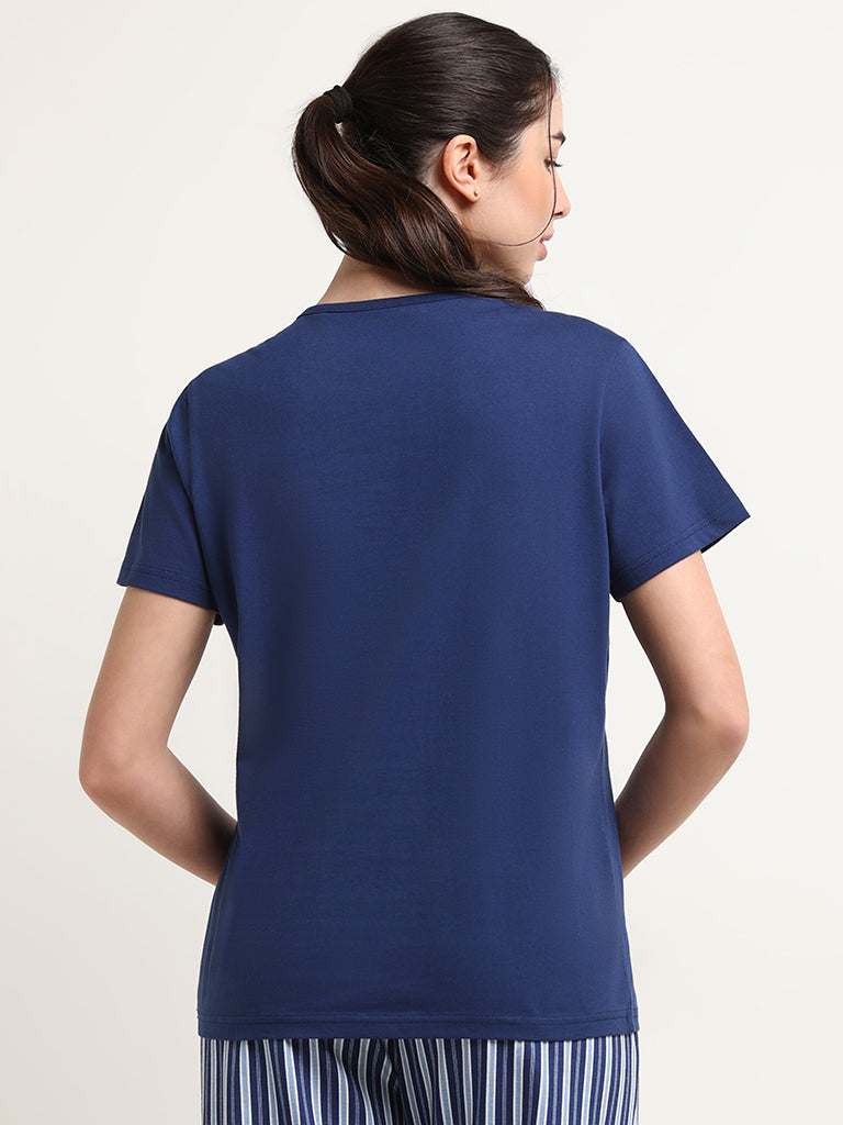 Wunderlove Navy Contrast Printed Cotton T-Shirt