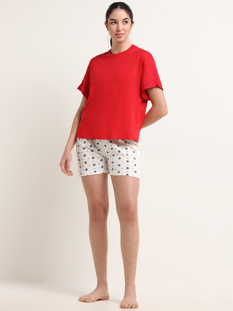 Wunderlove Solid Red Loungewear Cotton T-Shirt