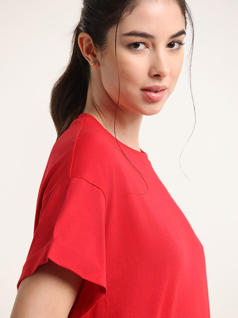 Wunderlove Solid Red Loungewear Cotton T-Shirt