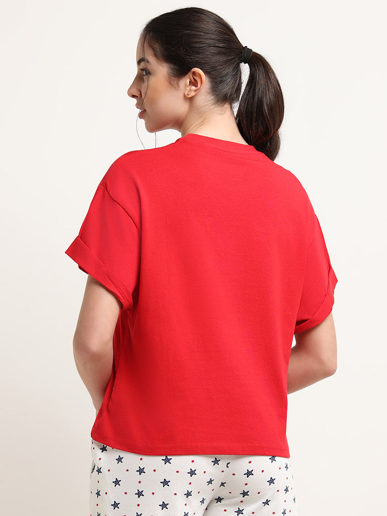 Wunderlove Solid Red Loungewear Cotton T-Shirt