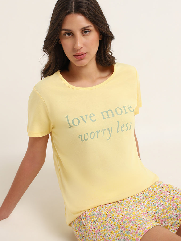 Wunderlove Yellow Contrast Print Cotton T-Shirt