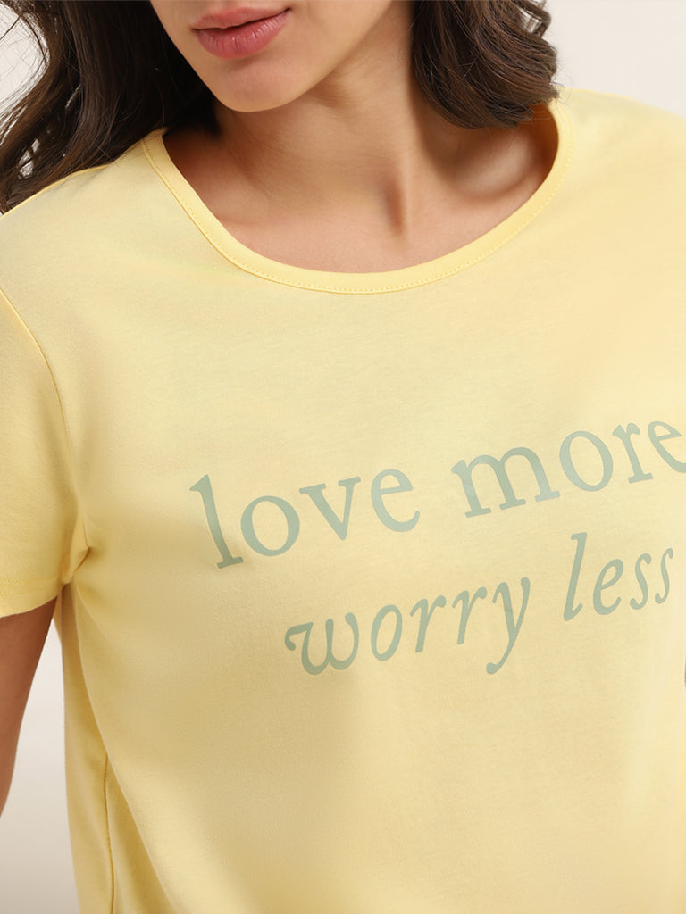 Wunderlove Yellow Contrast Print Cotton T-Shirt