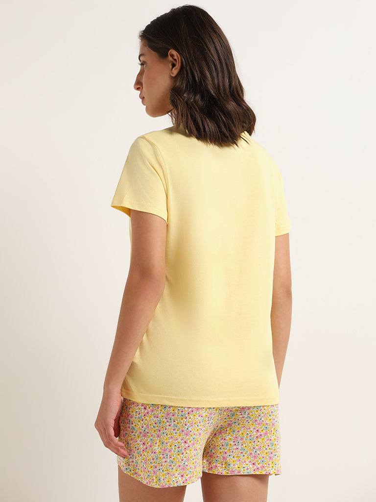 Wunderlove Yellow Contrast Print Cotton T-Shirt