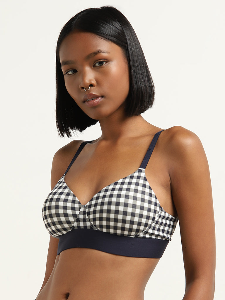 Superstar Navy Checkered Padded Cotton Blend Bra