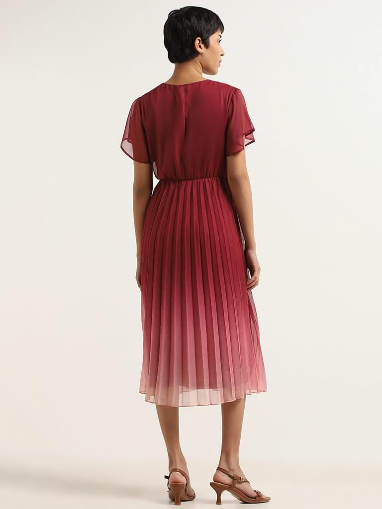 Wardrobe Maroon Pleated A-Line Dress