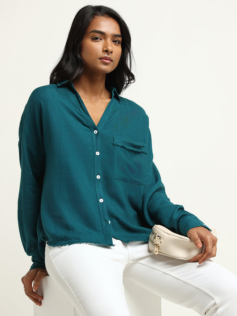 LOV Solid Teal Blended Linen Shirt