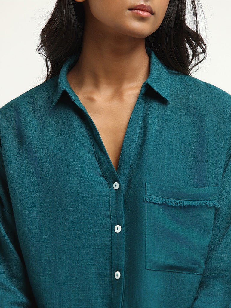 LOV Solid Teal Blended Linen Shirt