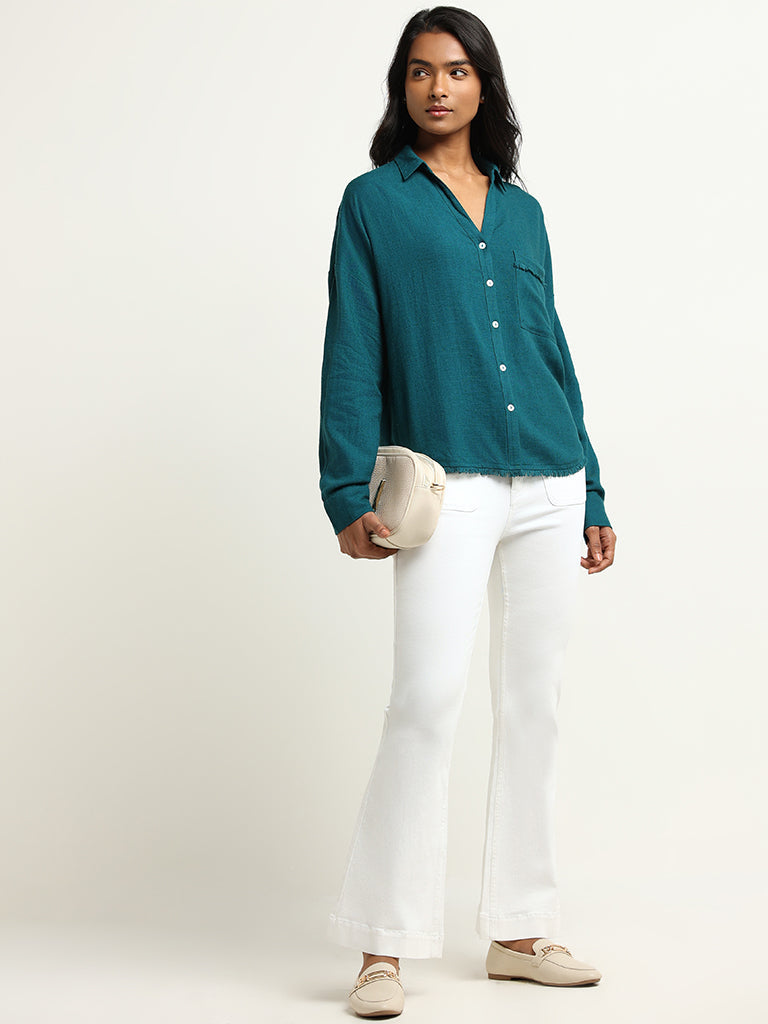 LOV Solid Teal Blended Linen Shirt