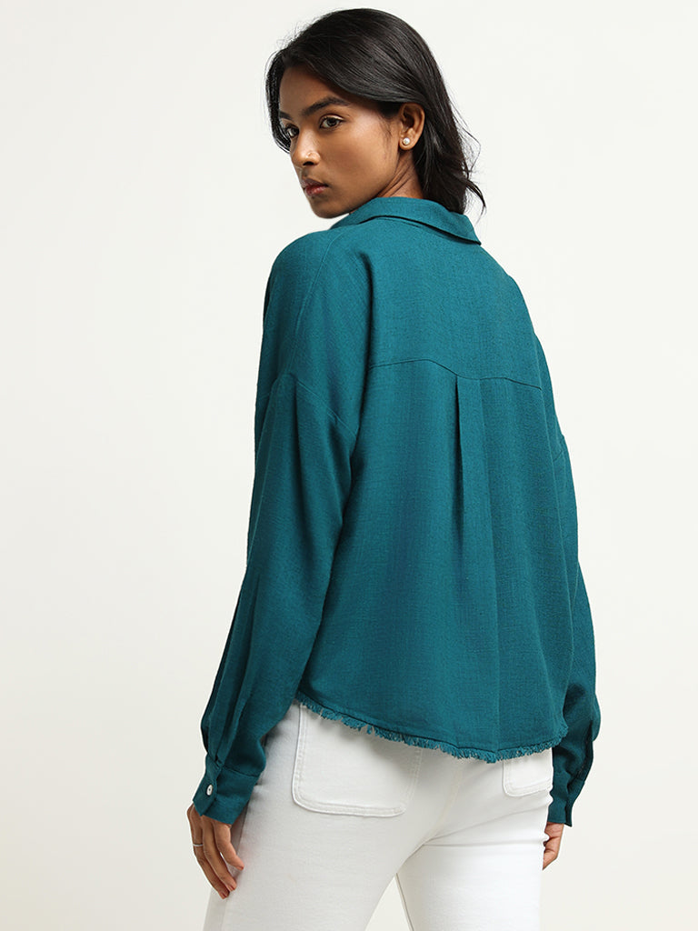 LOV Solid Teal Blended Linen Shirt