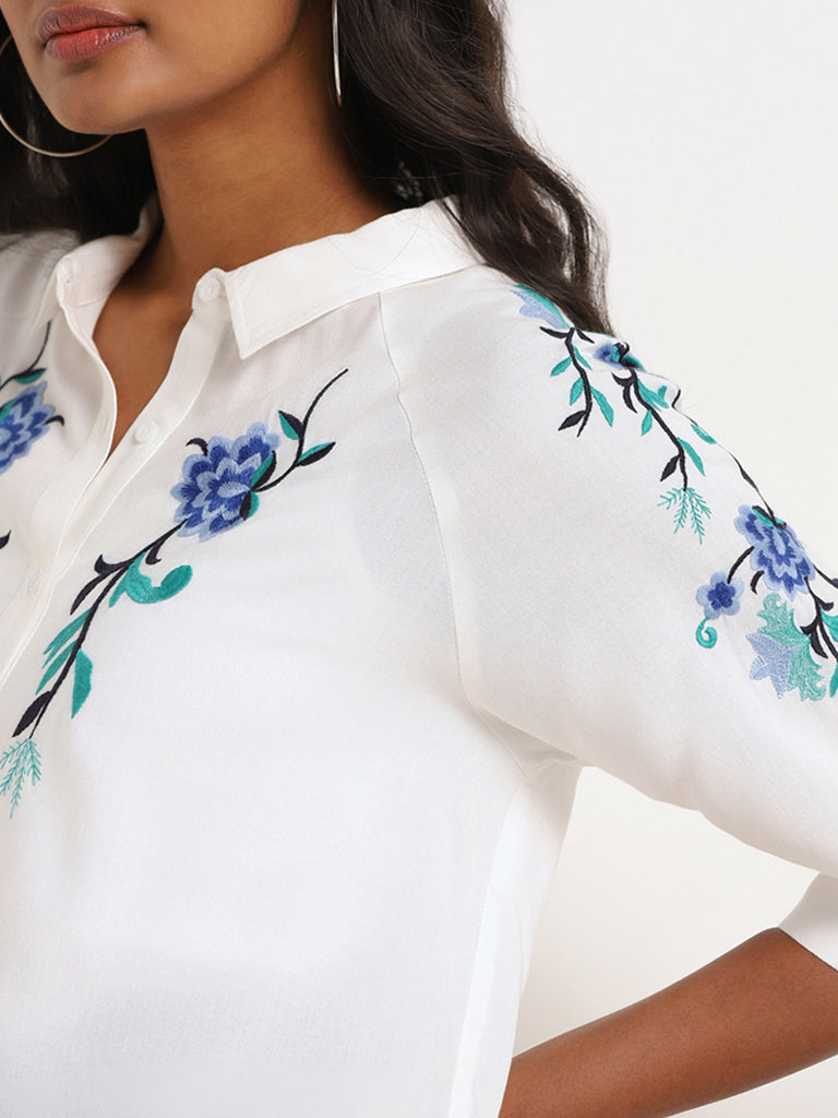 LOV White Embroidered Drop-Tail Shirt