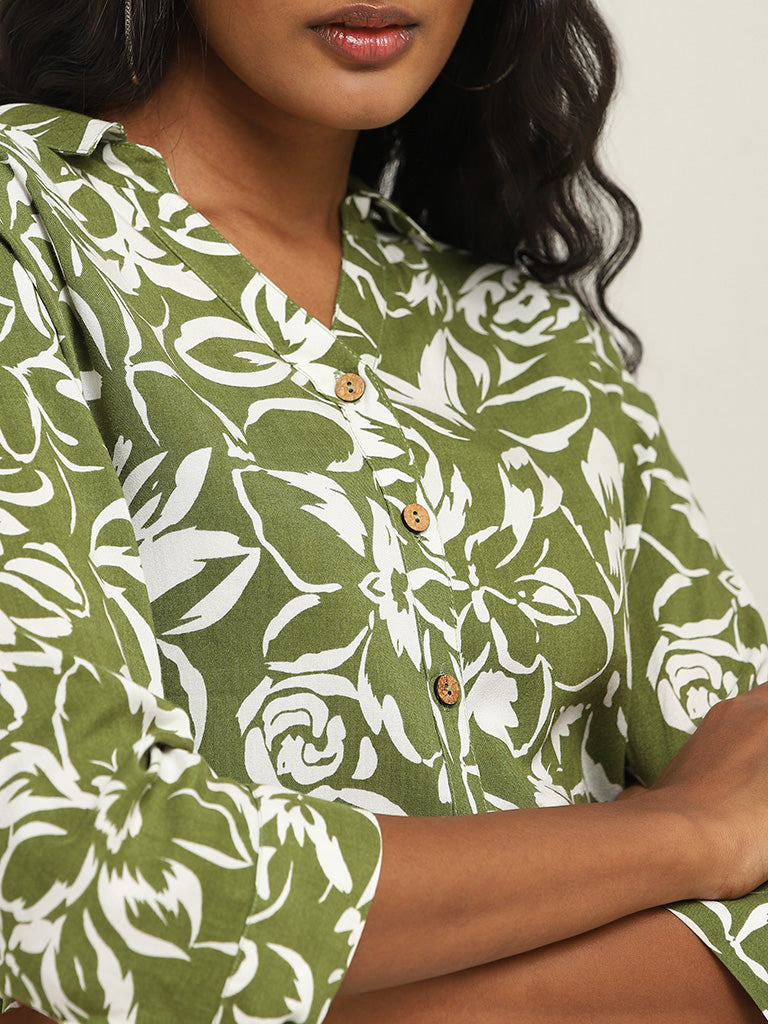 LOV Green Floral Print Crystal Shirt