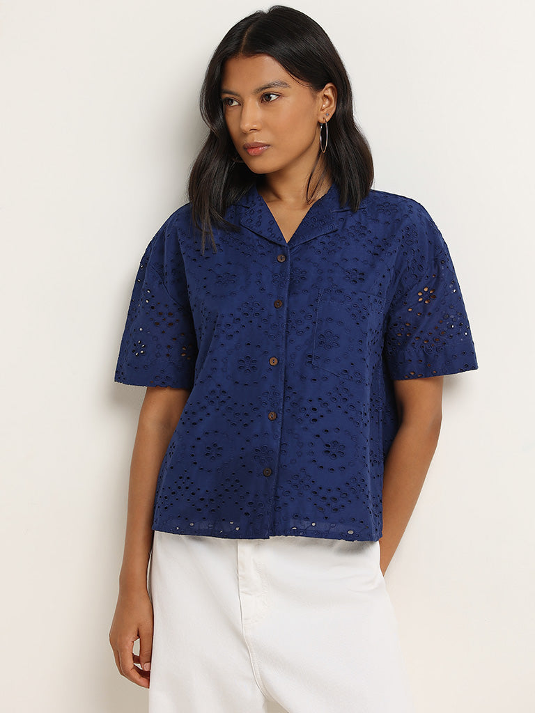 LOV Navy Cotton Schiffli Design Shirt