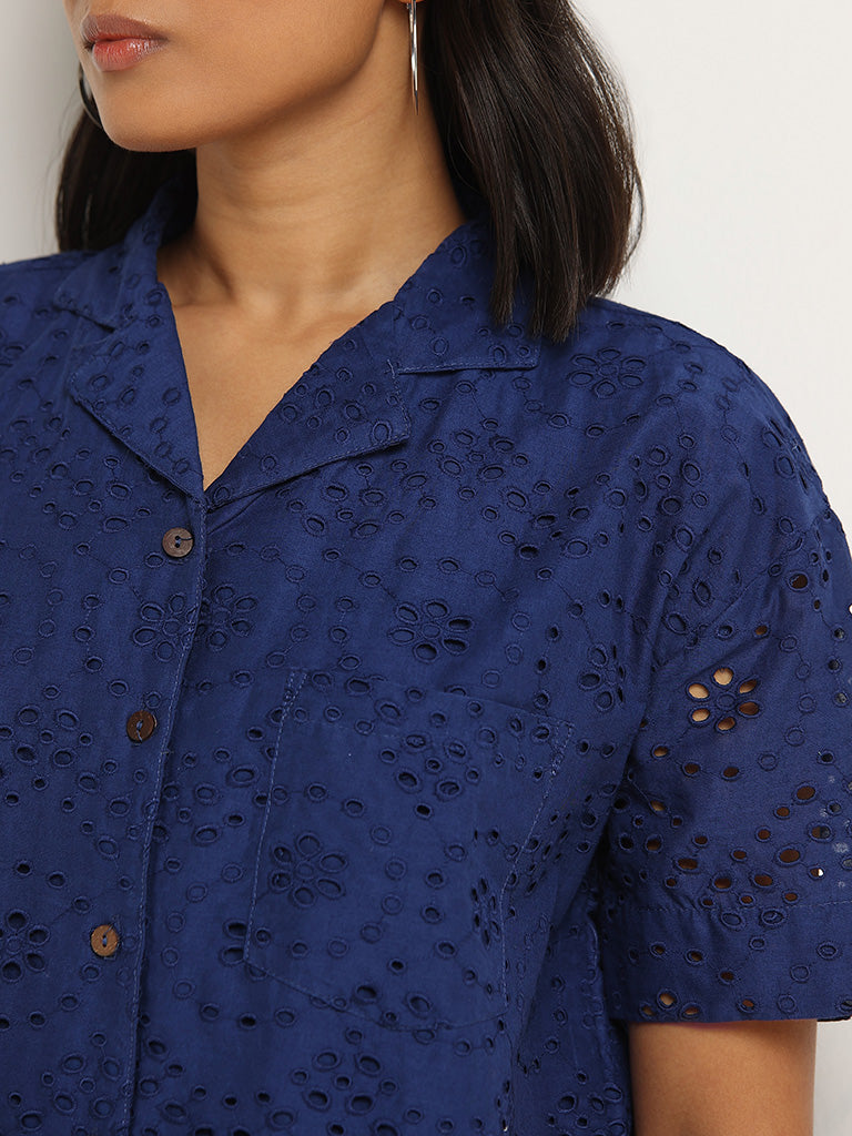 LOV Navy Cotton Schiffli Design Shirt