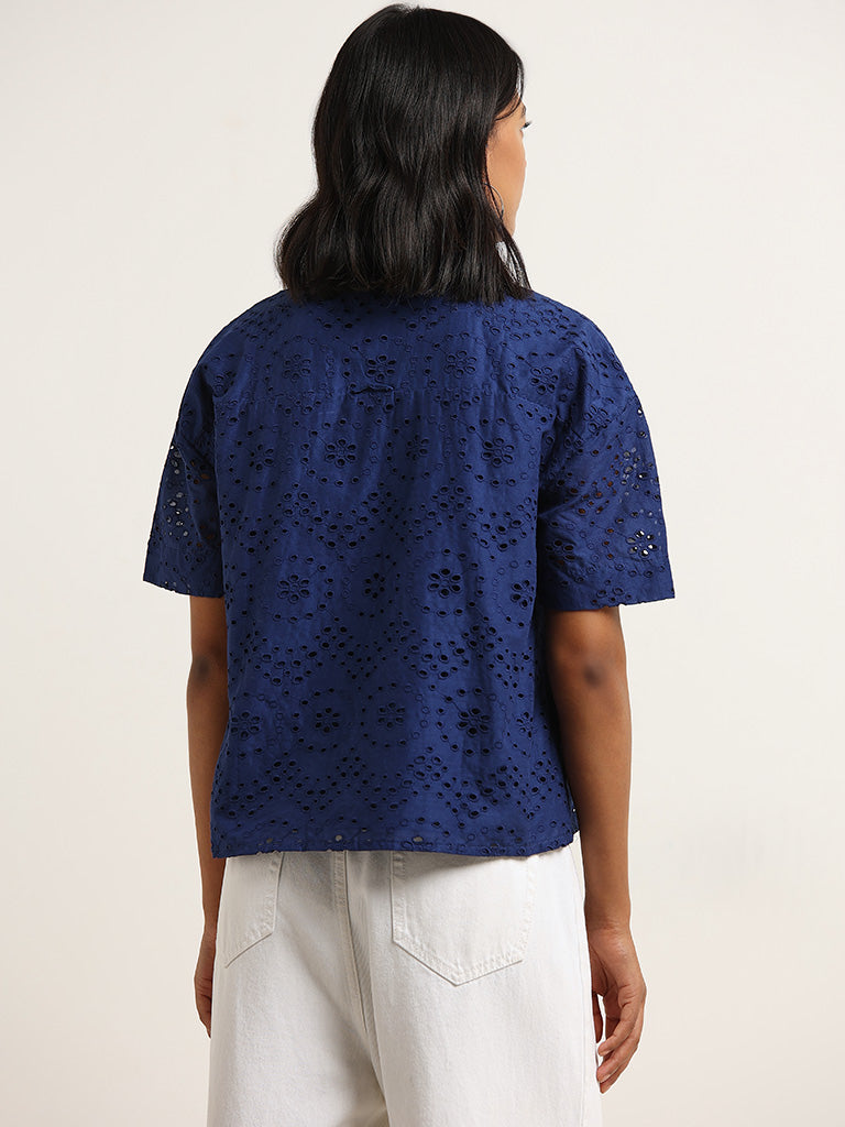 LOV Navy Cotton Schiffli Design Shirt