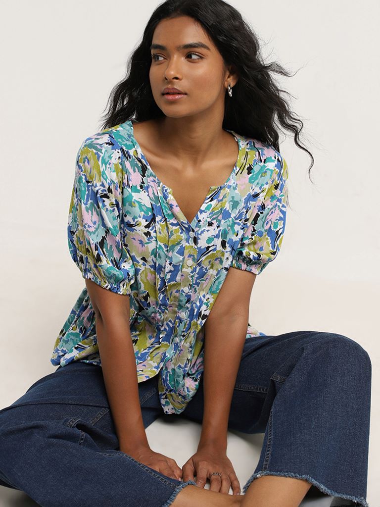 LOV Multicolour Floral Printed Cotton Peplum Blouse