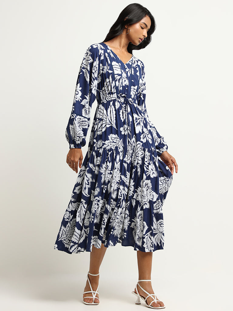 LOV Navy Botanical Print Midi Dress