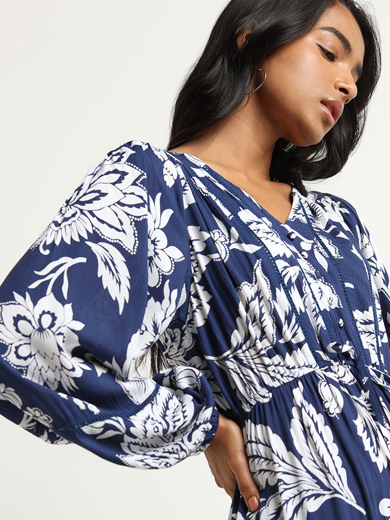 LOV Navy Botanical Print Midi Dress