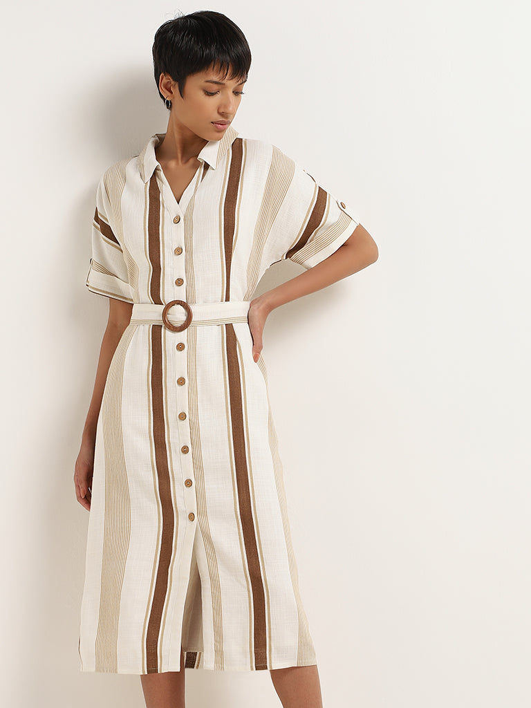 LOV Beige Belted Blended Linen Shirt Dress